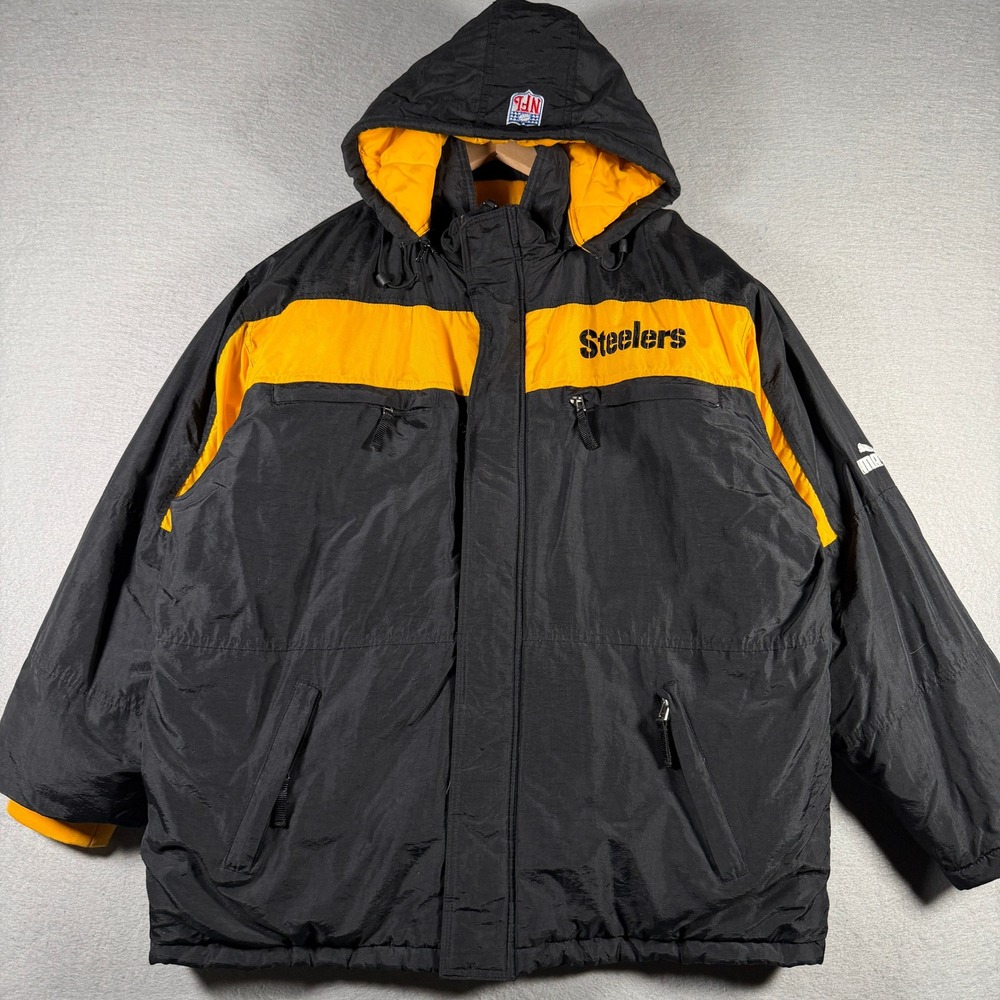 Vintage Puma Pittsburgh Steelers NFL Puffer Jacket Black Yellow Hooded Mens XL